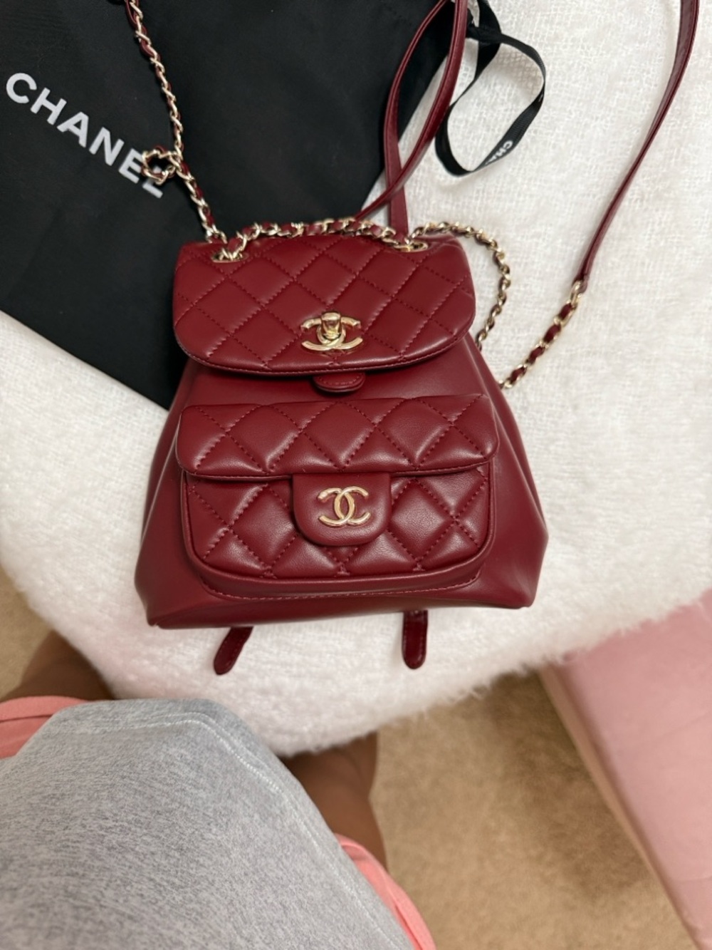 CHANEL Burgundy Quilted Leather Mini Backpack with Gold CC Hardware